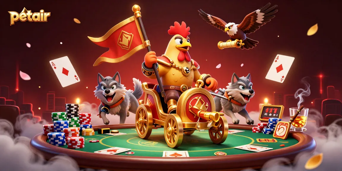 Experience an exciting game with petair as the rooster warlord commands a vibrant poker scene.